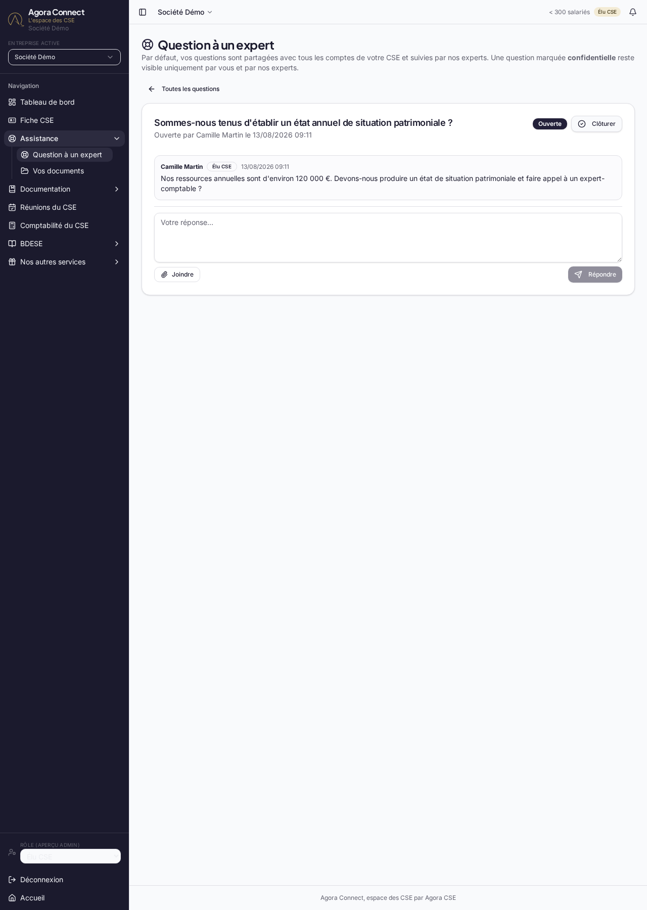 Question d'un élu du CSE en attente de réponse dans Agora Connect