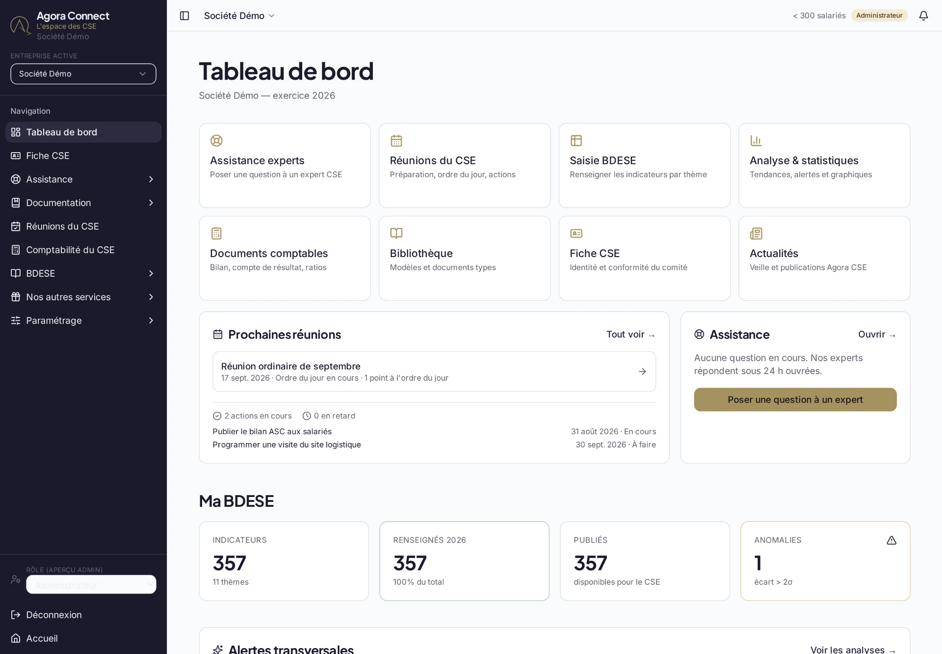 Tableau de bord d'Agora Connect avec les prochaines réunions, l'assistance et le suivi de la BDESE