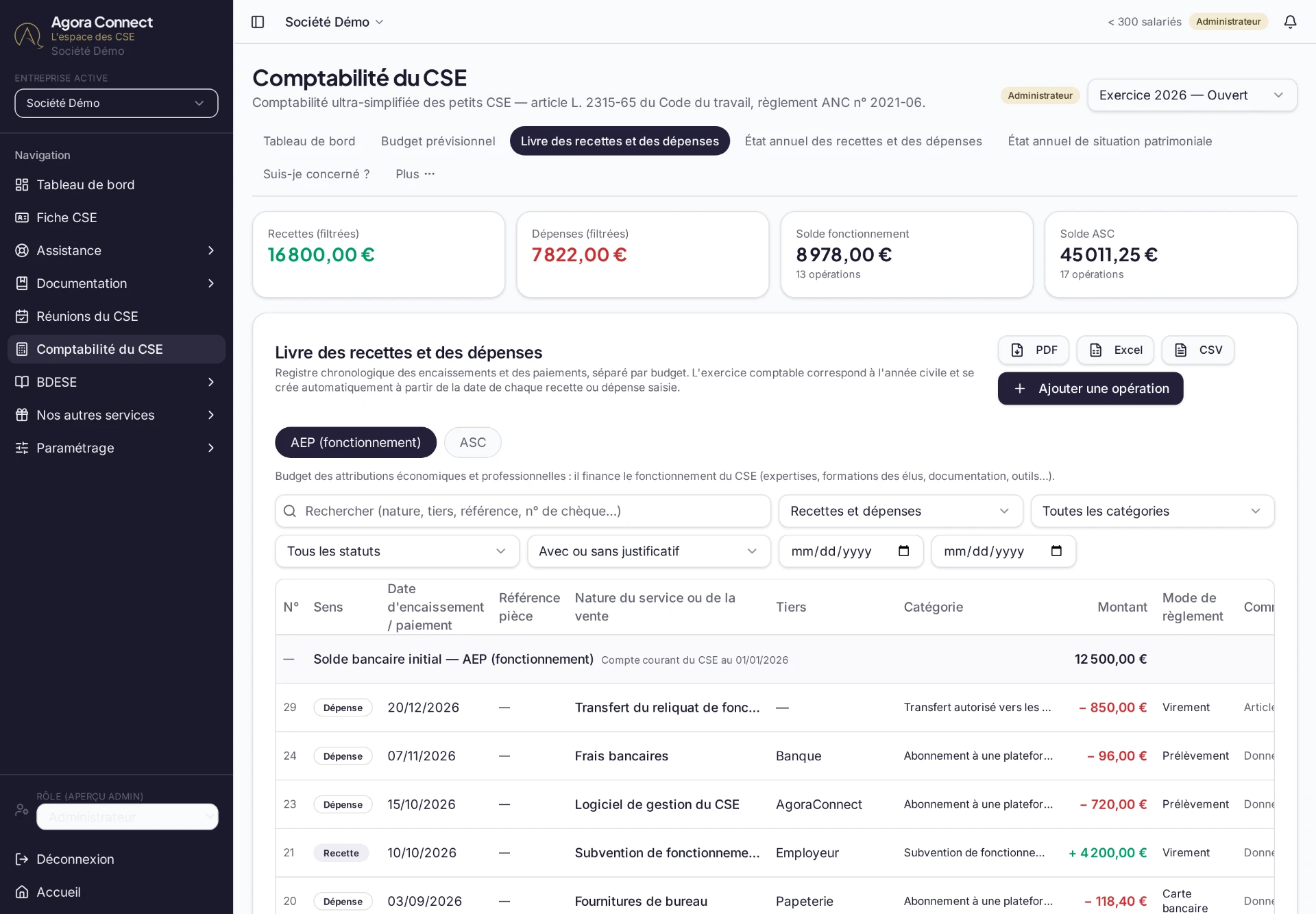 Livre des recettes et des dépenses du CSE dans Agora Connect