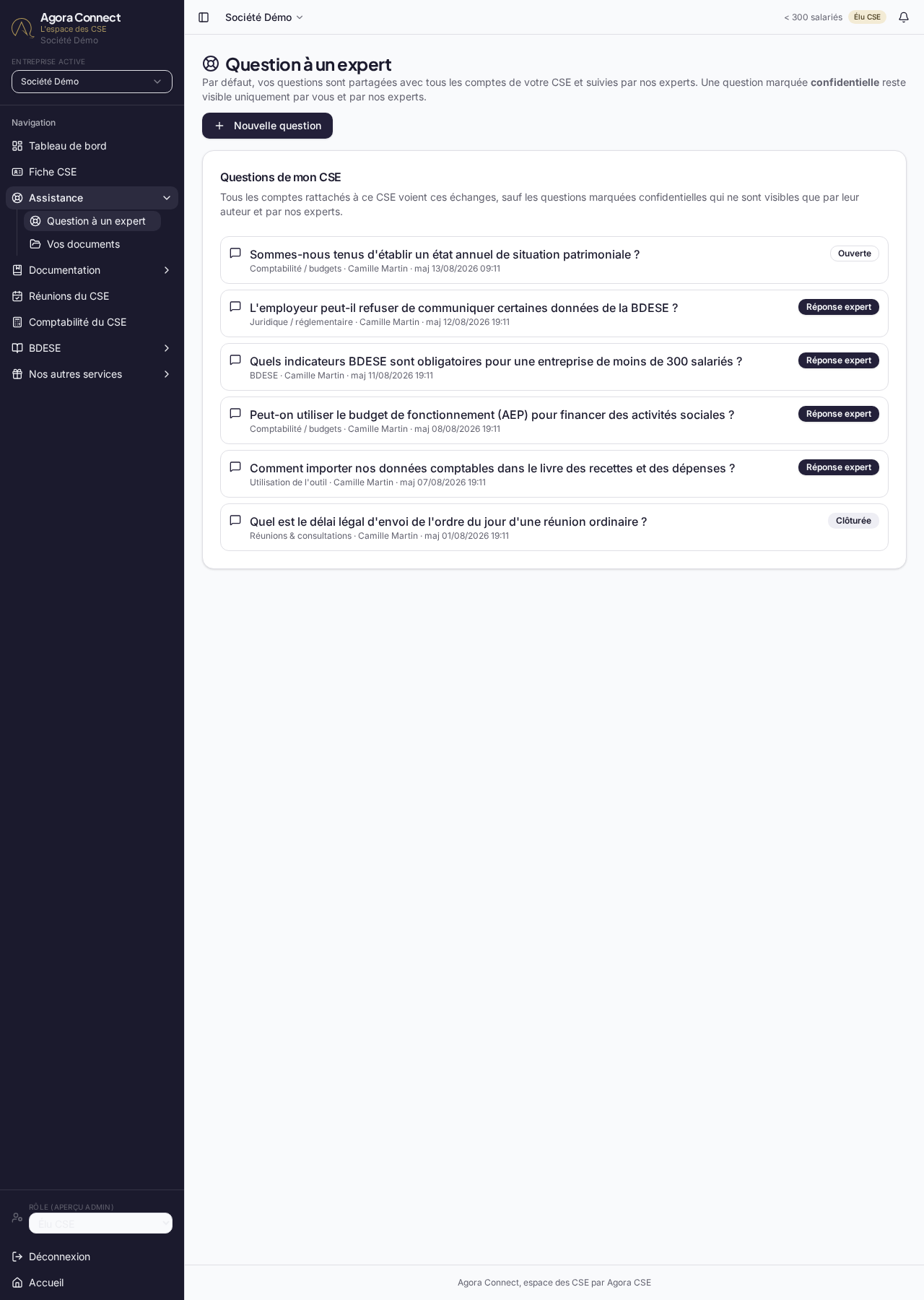 Liste des questions posées aux experts Agora CSE dans Agora Connect