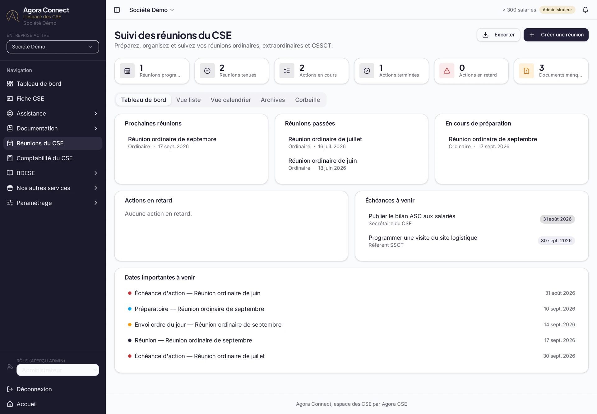 Suivi des réunions du CSE dans Agora Connect : réunions programmées, actions et échéances