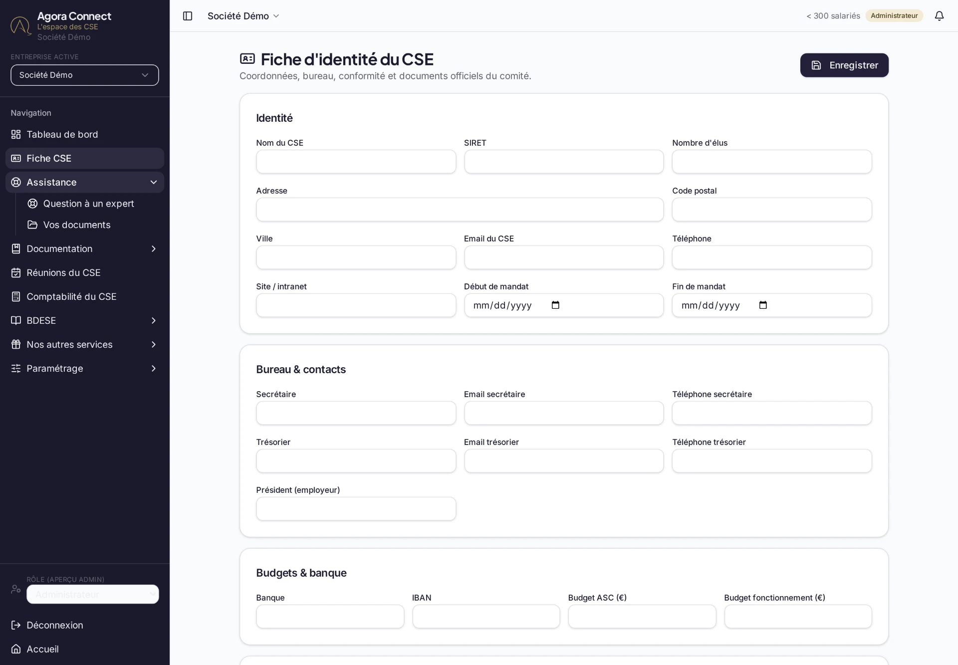 Fiche d'identité du CSE dans Agora Connect : coordonnées, bureau, budgets et banque