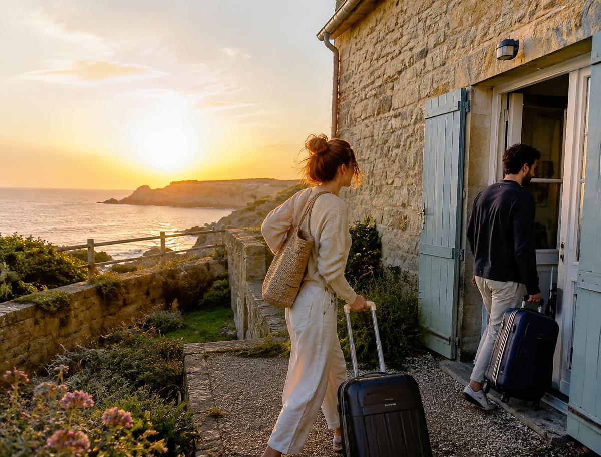 Couple arrivant dans une location de vacances en bord de mer